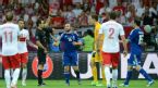 Referee Carlos Velasco Carballo (3rd left) shows Poland goalkeeper Wojciech Szczesny (3rd right) a straight red card, Poland v Greece, Warsaw, June 8, 2012